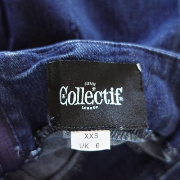 Collectif London Jeans 2 XXS Dark Blue High Waisted Wide Leg Retro Vintage Pinup - Picture 3 of 11